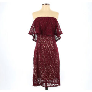 Moon River Strapless Ruffle Lace Dress in Burgundy Wine / Nude